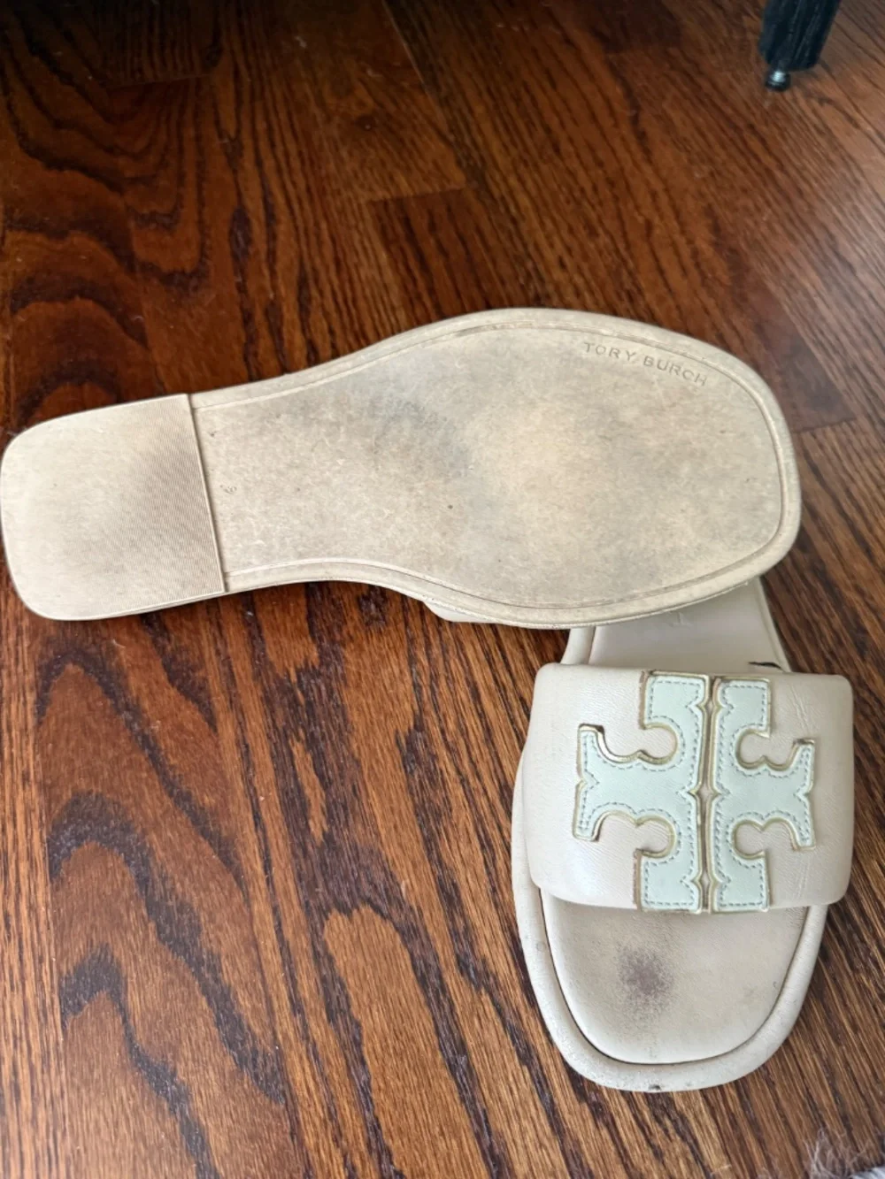 Tory Burch Double-T Monogrammed Padded Leather Slide Sandals